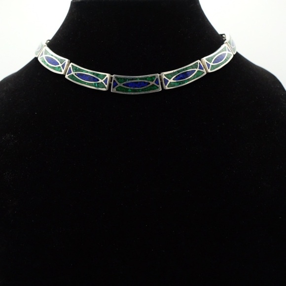 Vintage .925 Sterling Silver Choker Inlay necklace Lazuli Lapis & Malachite 90s